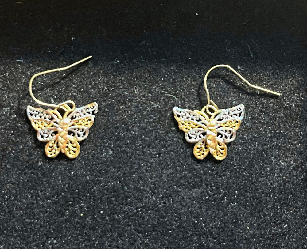 Two-Tone Gold & Silver Butterfly Dangle Hook Earrings, 800 silver